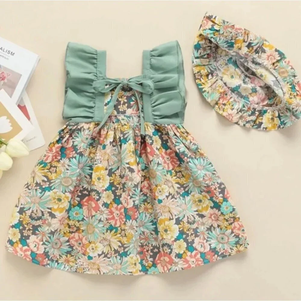 2T Floral Ruffled Cotton Little Girl Dress & Hat